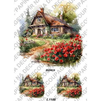 Umělecký papír Rýžový a soft papír na decoupage - Domek se zahrádkou - KB01148 Materiál: Soft, Rozměr: A4
