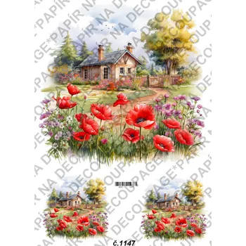 Umělecký papír Rýžový a soft papír na decoupage - Domek se zahrádkou - KB01147 Materiál: Soft, Rozměr: A4