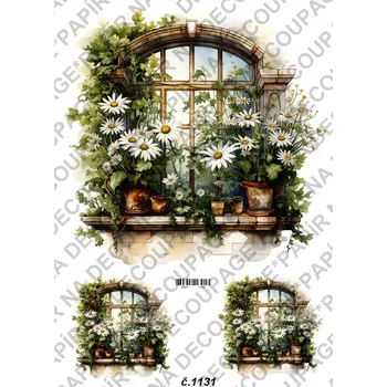 Umělecký papír Rýžový a soft papír na decoupage - Okno s kopretinami - KB01131 Materiál: Soft, Rozměr: A4