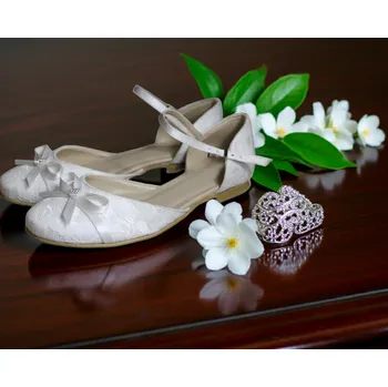 Dámské lodičky Krajkové svatební boty s mašlí - smetanové Velikost obuvi: 34