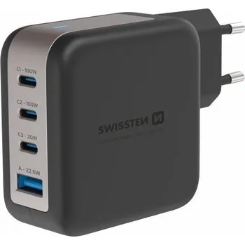 Tablet Swissten síťový adaptér gan 3x usb-c 100w pd + 1x usb-a 18w qc černý