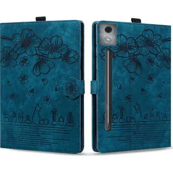 Pouzdro na tablet Kožený Obal Na Lenovo Ideatab Pro Barva: Modrá - Kočka