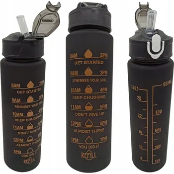 Láhev MOTIVAČNÍ LAHEV LAHEV NA PITÍ S MĚRKOU NA VODU, SKRYTÉ BRČKO, CÍLE, ČERNÁ 900ML