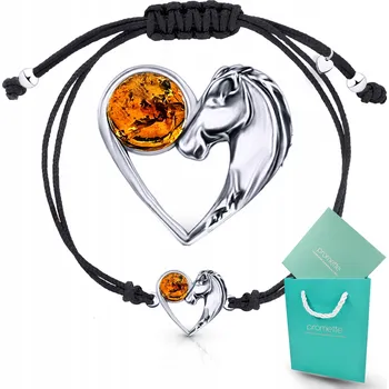 Náramek Stříbrný náramek s jantarem a šňůrkou pro milovníky koní (ryzost 925) krabička