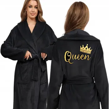 Dámský župan Dámský župan Queen černý froté S/M dlouhý rukáv ke kolenům na zavazování