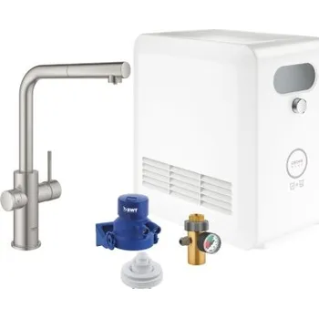 Vodovodní baterie Grohe BLUE PROFESSIONAL dřezové elektronická baterie, s vytahovací koncovkou, s filtračním a chladícím zařízením, Bluetooth, napájení ze sítě, supersteel