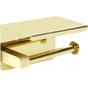 Držák toaletního papíru nástěnný do koupelny s poličkou, Ocel, lesklá zlatá