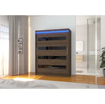 Šatní skříň ADRK Šatní skříň posuvná s LED osvětlením MARTINEZ CH-BL 150 L, choco/černý Lacobel