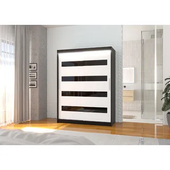 Šatní skříň ADRK Šatní skříň posuvná s LED osvětlením MARTINEZ B-W-BL 150 L, bílá/černá/černý Lacobel