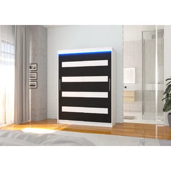 Šatní skříň ADRK Šatní skříň posuvná s LED osvětlením MARTINEZ W-B-WL 150 L, černá/bílá/bílý Lacobel