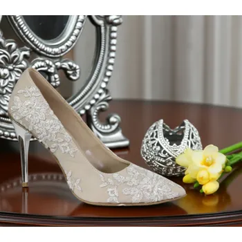 Dámské lodičky Svatební lodičky se stříbrně vyšívanou krajkou - cappuccino Velikost obuvi: 34