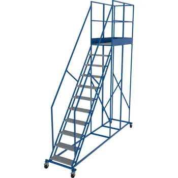 Žebřík Pojízdný žebřík s prodlouženou plošinou, výška plošiny 2,75 m, 10 stupňů + plošina.