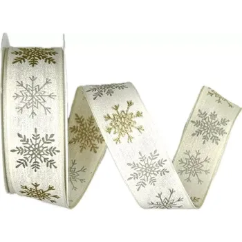 Stuha Stuha vánoční SNOWPEARL WHITE bílá 25mm x 2m (12,-Kč/m) (Vánoční stuha bavlněná, bílá, zlatý potisk, s drátkem v lemu)