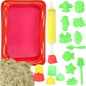 kinetický písek Kinetický písek v krabici 2 kg béžový + 16 ks formiček a pískoviště mix barev