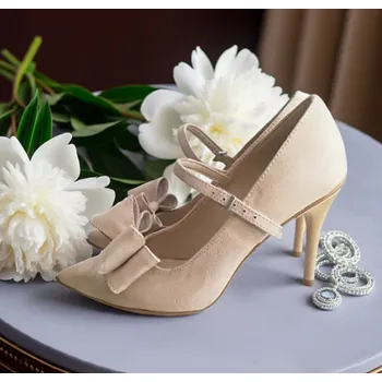 Dámské lodičky Semišové svatební boty s mašlí - béžové Velikost obuvi: 34