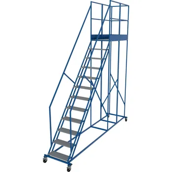 Žebřík Pojízdný žebřík s prodlouženou plošinou, výška plošiny 3 m, 11 stupňů + plošina.