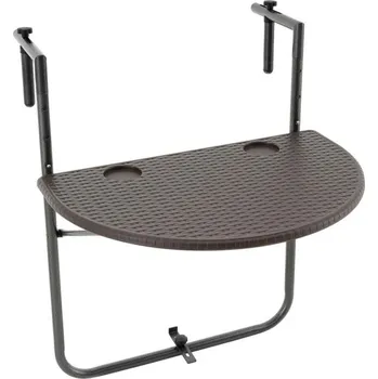 Zahradní stůl Malý balkonový stolek na zábradlí, závěsný, sklopný, hnědý- ratanový vzhled, 59,5x40 cm