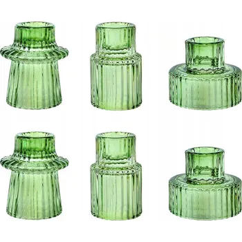 Svícen 6 x Skleněný zelený svícen vintage, lahvově zeleň, rýhovaný