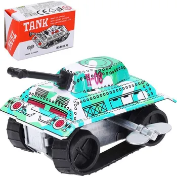 autodráha Tank kovový natahovací obrněné retro vozidlo na klíček v krabičce