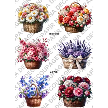 Umělecký papír Rýžový a soft papír na decoupage - Květinový košík - KB03768 Materiál: Soft, Rozměr: A4