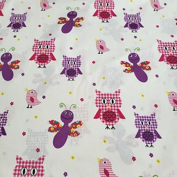 BYTEMA Dětská dekorační látka FIALOVÉ SOVIČKY A MOTÝLCI šíře 140 cm