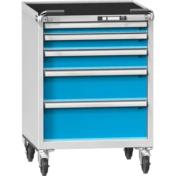 Dílenský stůl POLAK Mobilní kontejner ZBM 84-1, modrošedá RAL 5007, korpus - pastelová modrá RAL 5024, Výsuv a nosnost zásuvek: T - výsuv 100%, nosnost zásuvky 200 kg