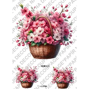 Umělecký papír Rýžový a soft papír na decoupage - Květinový košík - KB03766 Materiál: Soft, Rozměr: A4