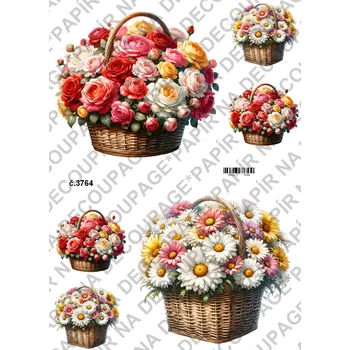 Umělecký papír Rýžový a soft papír na decoupage - Květinový košík - KB03764 Materiál: Soft, Rozměr: A4