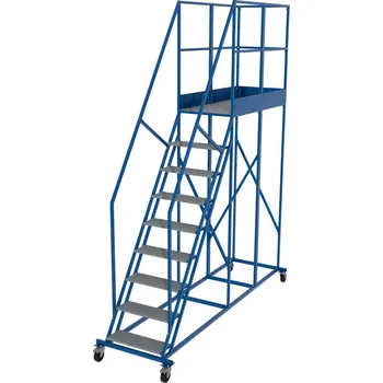 Žebřík Pojízdný žebřík s prodlouženou plošinou, výška plošiny 2,25 m, 8 stupňů + plošina.