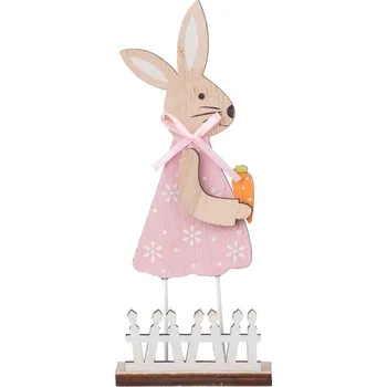 Dekorace dřevo 70x190mm zajíc na postavení s plůtkem, přírodní, bílá , růžová