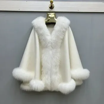 Dámský kabát Pletený pončo kabát s límcem z lišky – vlněný, zimní styl Barva: Bílá, Velikost: ONE SIZE