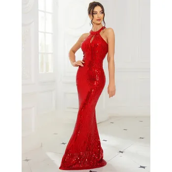 Dámské šaty Večerní šaty s flitry,, kulatý výstřih, bez rukávů, elegantní střih Barva: Červená, Velikost: S