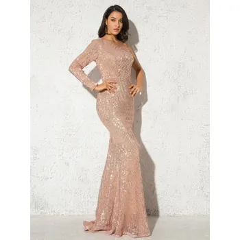 Dámské šaty plesové šaty na jedno rameno, dlouhý rukáv, flitry Barva: Zlatá, Velikost: XS