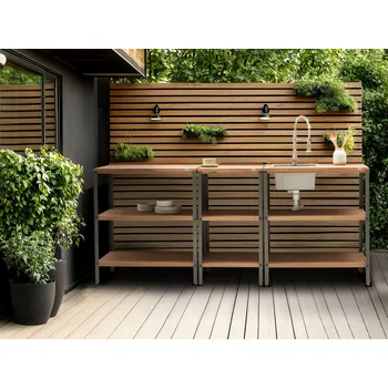 Zahradní dekorace Venkovní kuchyňský ostrov hnědý s dřezem Akáciové dřevo 2 police horní deska 50 x 80 x 92 cm Zahradní kuchyně Jídelna Beliani