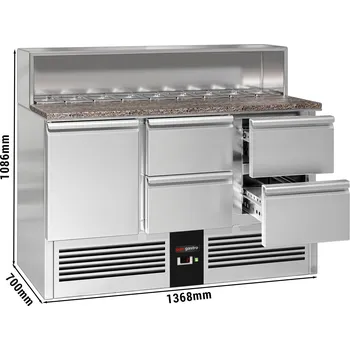 Lednice G.Gastro Saladette / Chladicí stůl na pizzu PREMIUM - 1,37 x 0,7 m - s 1 dveřmi & 4 šuplíky 1/2