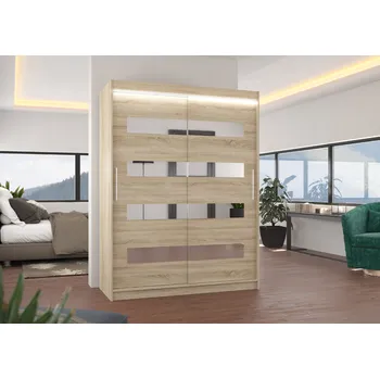 Šatní skříň ADRK Šatní zrcadlová skříň posuvná s LED osvětlením BALTIC S 150 L, dub sonoma