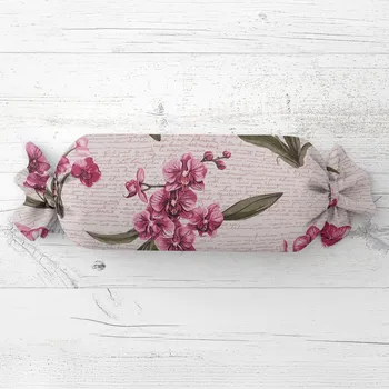 Dekorativní polštářek Polštář válec bonbon Sandra SA-635 Růžovofialové orchideje na bílém 15x40 cm