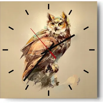 Hodiny Velké nástěnné hodiny na zeď 40x40cm Sova Skleněné hodiny Čtvercové Tiché