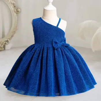 Dívčí oblečení Dívčí slavnostní šaty s asymetrickým ramínkem a mašlí (ideální i jako kostým Barbie) Barva: modrá, Velikost: 4 roky