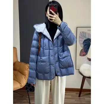 Dámská parka Jednořadá péřová bunda – volný střih, kapuce, zimní Barva: Modrá, Velikost: M