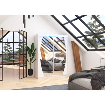 Šatní skříň ADRK Šatní zrcadlová skříň posuvná s LED osvětlením ALEN W 150 L, bílá