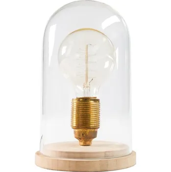 Lampička Designová retro stolní lampa Edison s hnědou dřevěnou podstavou a průhledným skleněným stínítkem 22 cm