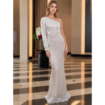 Dámské šaty plesové šaty na jedno rameno, dlouhý rukáv, flitry Barva: Stříbrná, Velikost: L