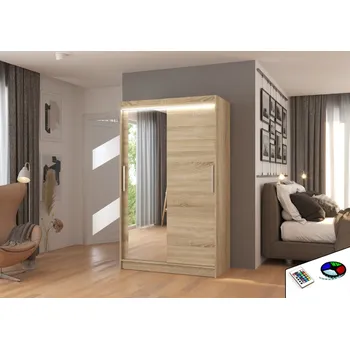 Šatní skříň ADRK Šatní zrcadlová skříň posuvná s LED osvětlením BARIO S 120 L, dub sonoma