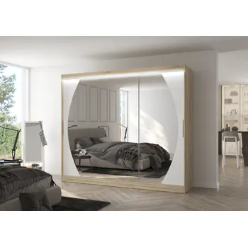 Šatní skříň ADRK Šatní zrcadlová skříň posuvná s LED osvětlením CAMBE S-W 250 L, bílá/dub sonoma