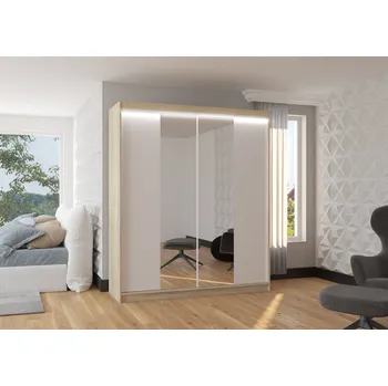 Šatní skříň ADRK Šatní zrcadlová skříň posuvná s LED osvětlením BALANCE S-W 180 L, bílá/dub sonoma