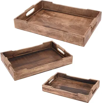 EH Excellent Houseware Sada 3 mangových podnosů, rustikální styl, rukojeti, snadné skladování, odolný materiál, hnědá barva
