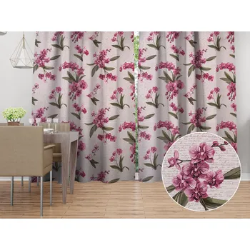 ubrus Bavlněný závěs Sandra SA-635 Růžovofialové orchideje na bílém 150x140 cm