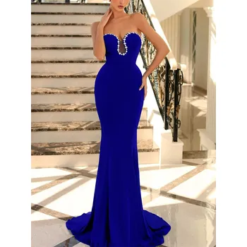 Dámské šaty Večerní šaty bez ramínek s kamínky, odhalená zad, mořská panna Barva: Modrá, Velikost: XS