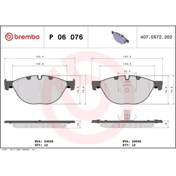 Brzdová destička BREMBO Sada brzdových destiček BRE P06076